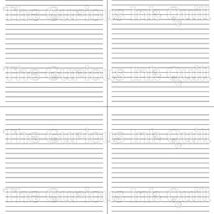 May include: A white paper with horizontal black lines, designed for writing. The text "The Curious Ink Quill" is printed in a decorative font across the top of the paper. The image is divided into four sections.