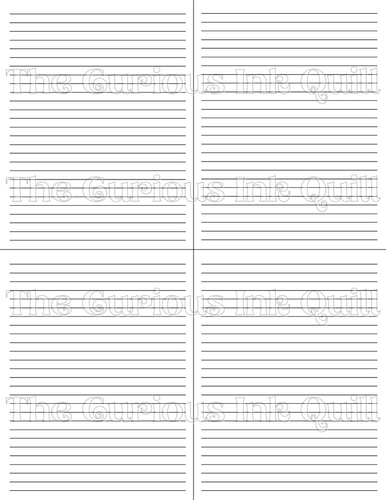 May include: A white paper with horizontal black lines, designed for writing. The text "The Curious Ink Quill" is printed in a decorative font across the top of the paper. The image is divided into four sections.