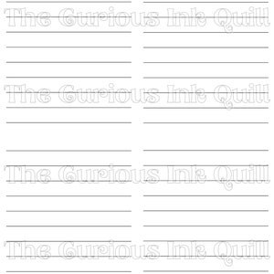 May include: A white lined paper with the text "The Curious Ink Quill" printed in a decorative font. The paper is divided into four sections, each with horizontal lines for writing.
