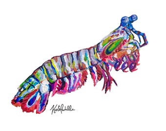 Rainbow Mantis Shrimp Watercolor Art Print | Ocean Animal Illustration | Coastal Wall Decor