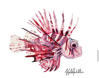 ミノカサゴの水彩画アートプリント：海の魚のイラストの壁飾り - Etsy 日本