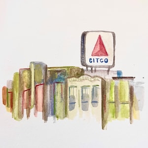 Boston Citgo Sign Cityscape | Fenway Park | Red Sox | Watercolor Illustration Print | Wall Art | Decor | Dorm Room