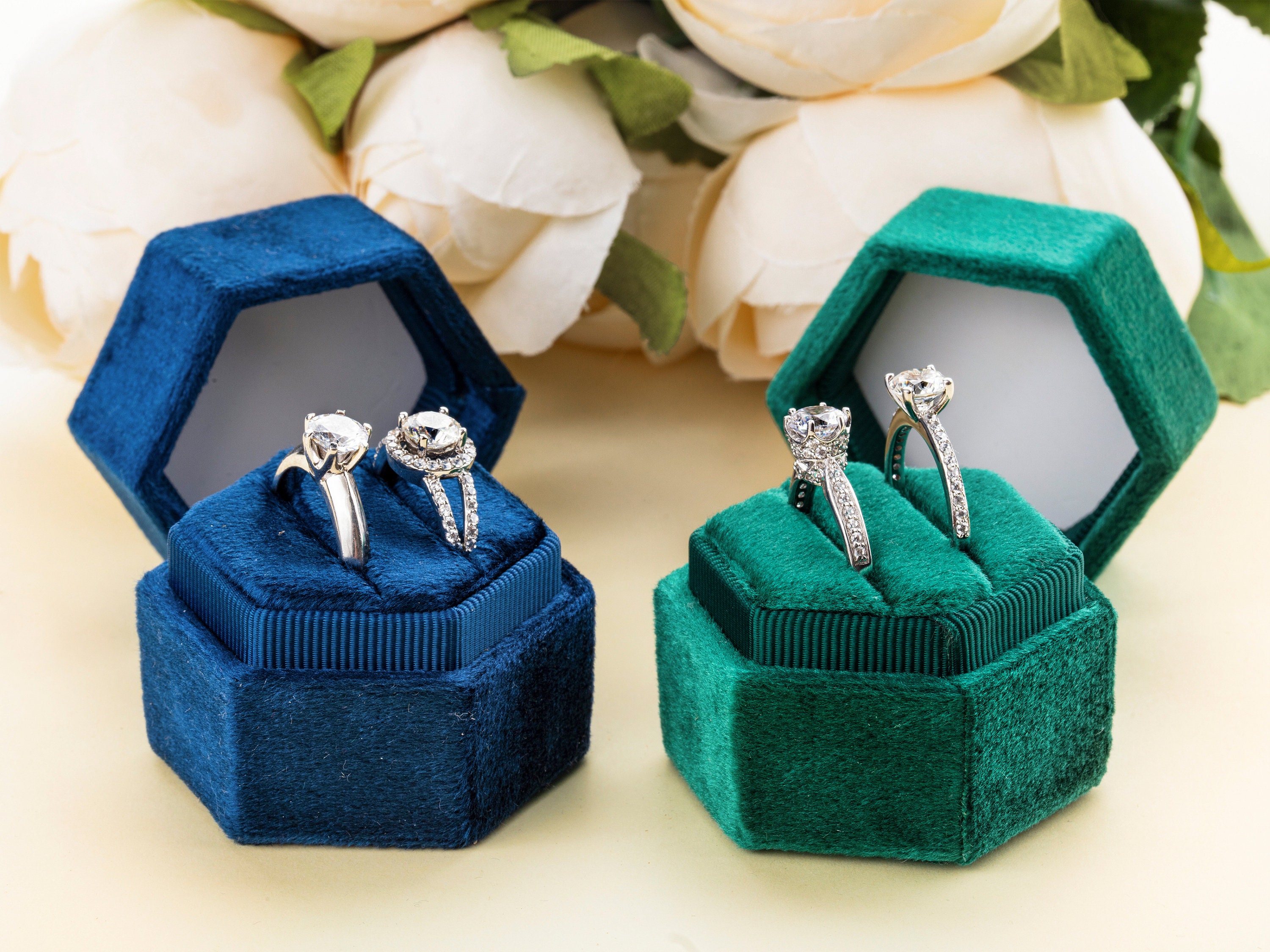 Personalized Velvet Ring Box Hexagon Double Ring Box Ring Etsy