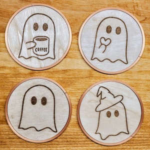 Ghost Coasters: Handmade Wooden Coasters, Halloween Themed Coaster Set, Unique Gift, Spooky Scary Ghosts, Beverage and Drink, Boo Series