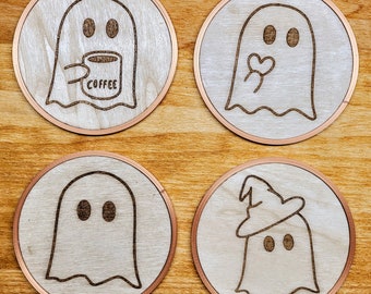 Handmade Ghost Coasters: Laser Cut Wood, 3D Printed Base