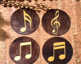 Laser-Cut Music Notes Wood Coaster Set: Handmade Poplar & 3D Printed Base