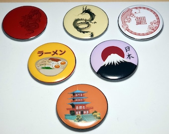 Land of the Rising Sun Pins: Individual or Set of 6, 2 inch pins, 1 inch pins