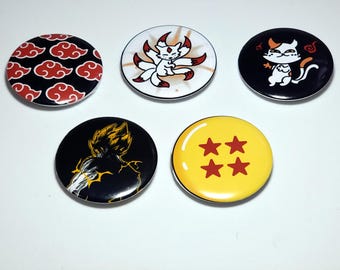 Anime Inspired Pins: Individual or Set of 5, 2 inch pins, 1 inch pins