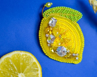 Lemon Brooch, Embroidered  Lemon Brooch with Rhinestones, Beaded Broach Pin, Jewelry For Her, Trending Accessories