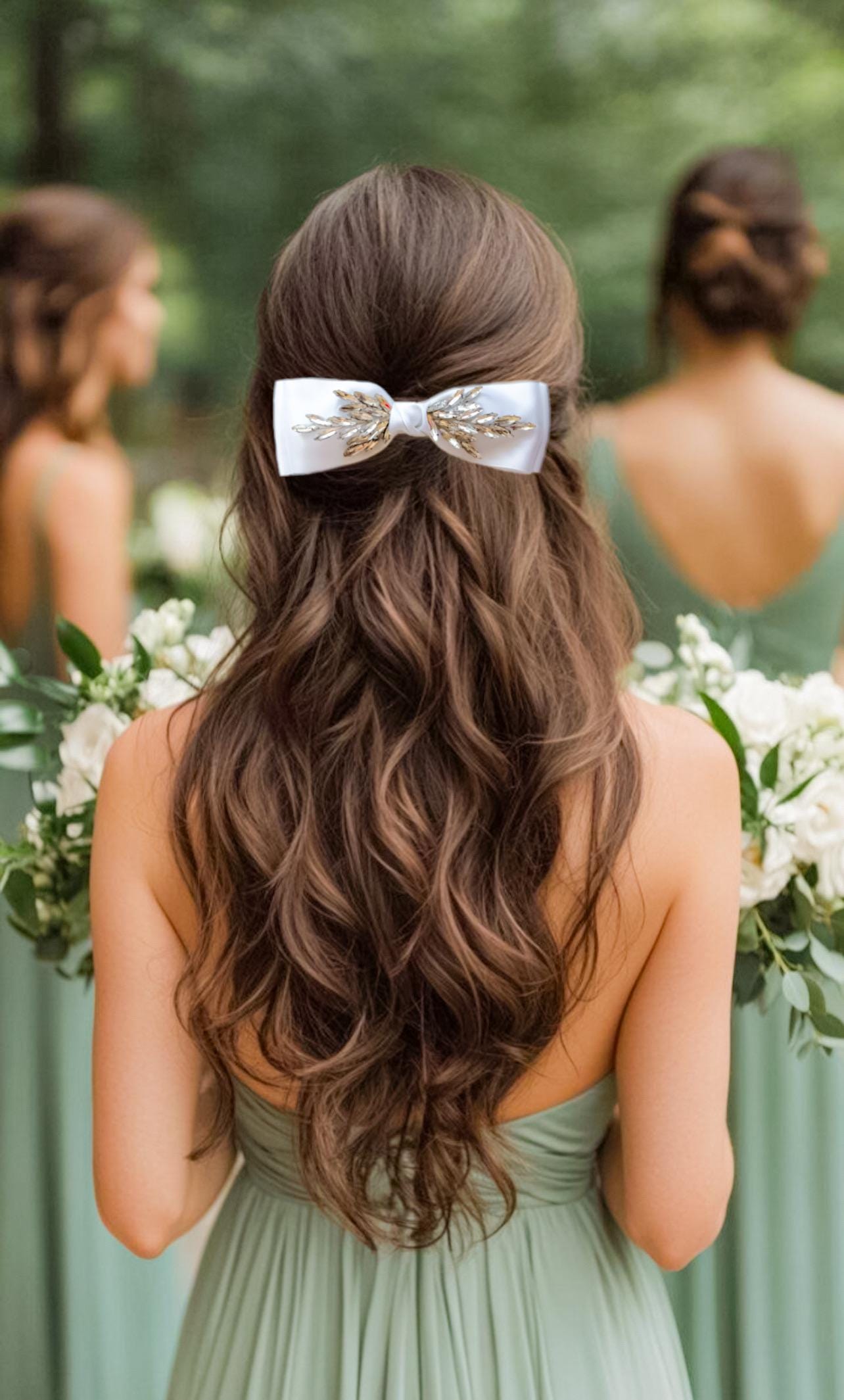 Bridal Hair Bow Clip White Satin Bow Barrette Crystal Wedding Hair Accessory Coquette Hair Bow Bride Hair Clip Bridesmaid Gift