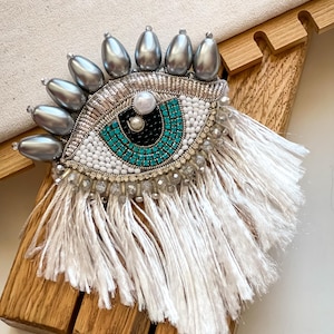 BLUE Evil Eye Brooch, Beaded Brooch Silver Eye, Embroidered Pin, Gift for Luck, Amulet, Talisman