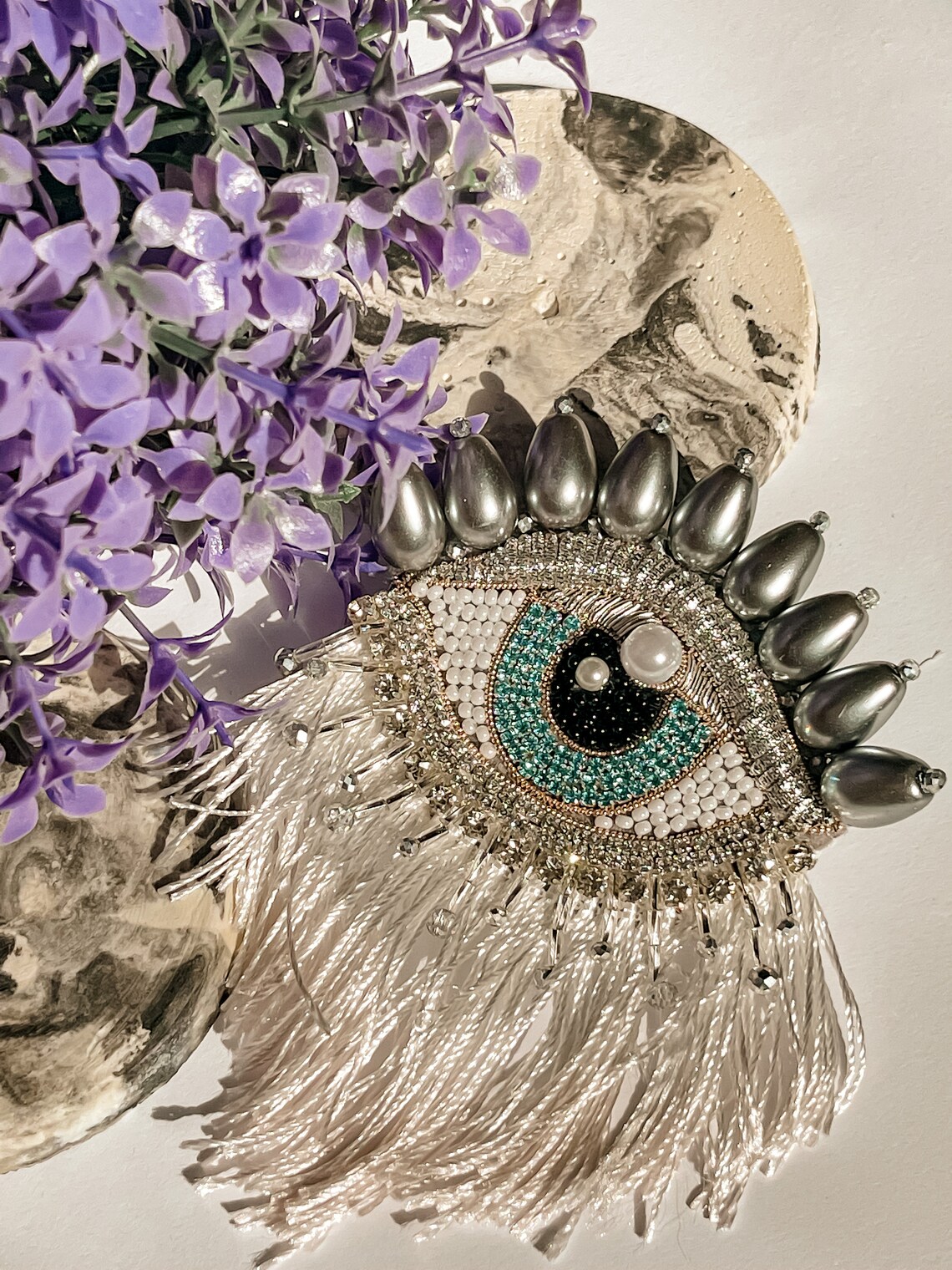 Evil Eye Brooch Beaded Brooch Silver Eye Embroidered Pin Etsy