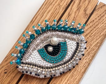 Evil Eye Brooch, Beaded Brooch Silver Eye, Embroidered Pin, Gift for Luck, Amulet, Talisman