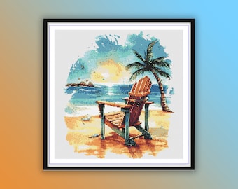 May include: A watercolour painting depicting a beach scene with a wooden chair on the sand. The chair faces the ocean, which is blue and green. There is a palm tree in the background, and the sky is a bright blue with clouds.