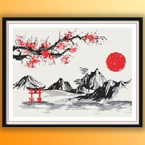 Aquarell Fuji Berge Sonnenuntergang Kreuzstich PDF Muster, japanische Sakura, Handstickerei, Sonnenuntergang Landschaft