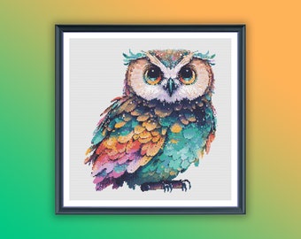 Vibrant Watercolor Owl Cross Stitch Pattern: Night Scene, Valentine's Birds, Modern Embroidery PDF