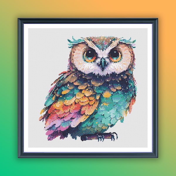 Watercolor Colorful Owl Counted Cross Stitch PDF Pattern, Night View Animals, Valentine Birds, Modern Cross Stitch, Hand Embroidery