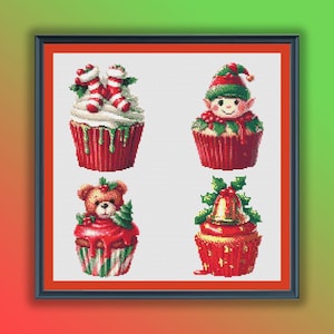 May include: Four Christmas-themed cupcakes with red and green frosting. One cupcake is topped with a red and white stocking, another with a green elf, another with a teddy bear, and the last with a bell.