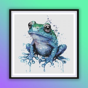Whimsical Blue Frog Watercolor Cross Stitch Pattern - Lakeside Embroidery PDF for Animal Lovers