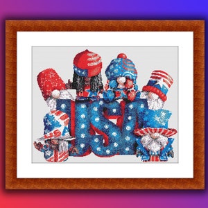 Patriotic Gnomes Cross Stitch Pattern: 4th of July American Flag PDF for Needlework Enthusiasts