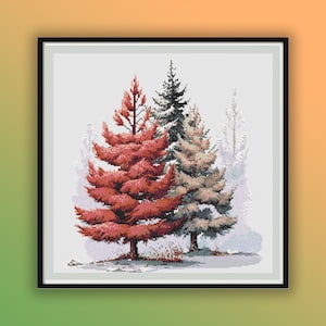 Aquarel winterdennenbomen getelde kruissteek pdf-patroon, besneeuwd boslandschap, kerstbomen, handborduurwerk, moderne kruissteek