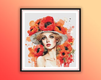 Watercolor Red Poppy Fairy Girl Counted Cross Stitch PDF Pattern, Colorful Floral Fairy, Modern Cross Stitch, Hand Embroidery