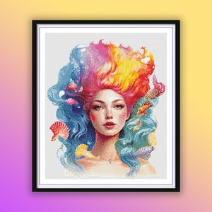 Enchanting Watercolor Mermaid Ocean Life Cross Stitch Pattern - Digital PDF Embroidery Design