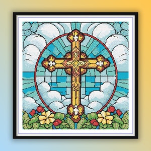Stained Glass Floral Cross: Christian Embroidery Pattern, Religious Counted Cross Stitch PDF Chart