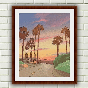 Scenic Sunset Road Trip Cross Stitch Pattern: Palm Trees & Mountain Landscape PDF Download