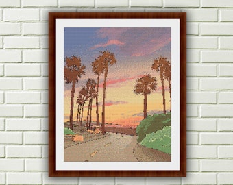 Beautiful Sunset on The Road Trip Counted Cross Stitch PDF Pattern, Summer Sunset Cross Stitch Pattern, Sunset and Palm Trees PDF Pattern