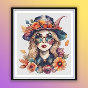 Aquarel bloemen heks getelde kruissteek pdf-patroon, halloweenheks, moderne kruissteekkaart, handborduurwerk