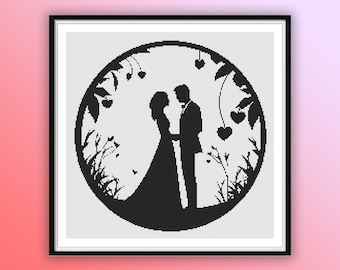 Romantic Watercolor Bride & Groom Silhouette Cross Stitch Pattern - Valentine's Day Wedding Embroidery PDF