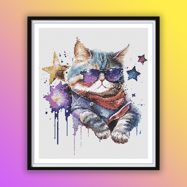 Watercolor Super Star Cool Cat Counted Cross Stitch PDF Pattern, Clever Cat, Modern Cross Stitch, Cute Funny Cats, Hand Embroidery