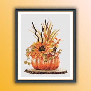 Patrón de punto de cruz contado en PDF de calabazas y girasoles de otoño, calabazas de Halloween, paisaje otoñal, hojas de otoño, bordado a mano
