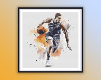 Modern Watercolor Basketball Player Embroidery: Instant PDF Cross Stitch Pattern for Sports Enthusiasts