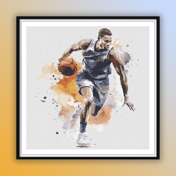 Joueur de basket-ball aquarelle compté modèle PDF de point de croix, tableau de point de croix moderne, broderie à la main