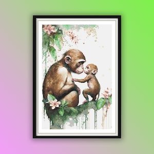 Pode incluir: Uma pintura em aquarela de dois macacos, uma mãe e seu filho, sentados em um galho com flores rosa. A mãe macaco é marrom e tem uma expressão gentil, enquanto o filho macaco é menor e tem uma aparência brincalhona no rosto. O fundo é um suave lavado de aquarela de verde e branco.