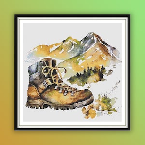 Aquarell Berge Landschaft mit Wanderschuhe Kreuzstich PDF Muster, Herbstwald, Handstickerei, Nadelspitze