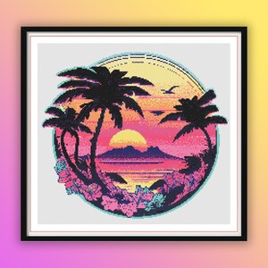 May include: A cross-stitch pattern depicting a sunset scene with palm trees, a mountain range, and a body of water. The scene is surrounded by pink and purple flowers.