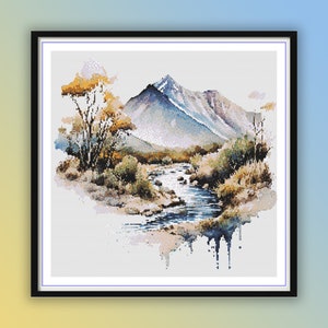 Aquarell Fluss und Berge Landschaft Kreuzstich PDF Muster, moderne Kreuzstichvorlage, Handstickerei