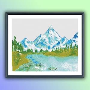 Watercolor Mountains and Lake Landscape Counted Cross Stitch PDF Pattern, Pine Trees Cross Stitch Pattern, Instant Download