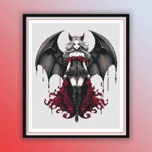 Aquarel vampiermeisje getelde kruissteek pdf-patroon, halloween vampier, moderne kruissteekkaart, handborduurwerk