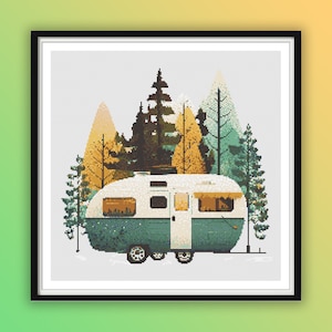 Watercolor Camping Forest Cross Stitch Pattern: Pine Trees, Caravan, Autumn Scenery, Needlepoint PDF