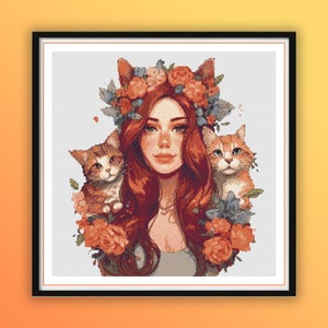 Aquarel bloemen boho meisje en katten getelde kruissteek pdf-patroon, kattenliefhebber, moderne kruissteekkaart, handborduurwerk