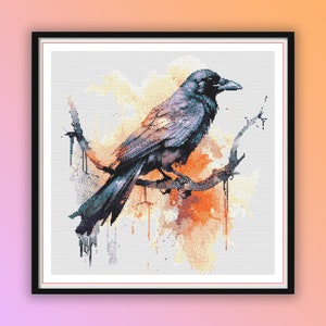 Gothic Raven Watercolor Cross Stitch Pattern: Modern Bird Embroidery PDF for Hand Stitching