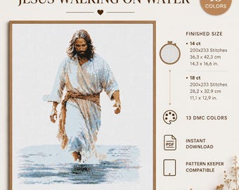 May include: A cross stitch pattern titled Jesus Walking on Water featuring a figure in robes walking on blue water. The design uses 13 colors. Finished sizes are 14.3 x 16.6 inches for 14 ct and 11.1 x 12.9 inches for 18 ct. Includes PDF and digital files.