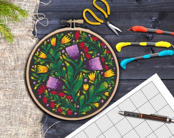 Scandinavian Folk Art Flowers Counted PDF Cross Stitch Pattern, Gerbera Flower Cross Stitch Pattern, Flowers Arrangement