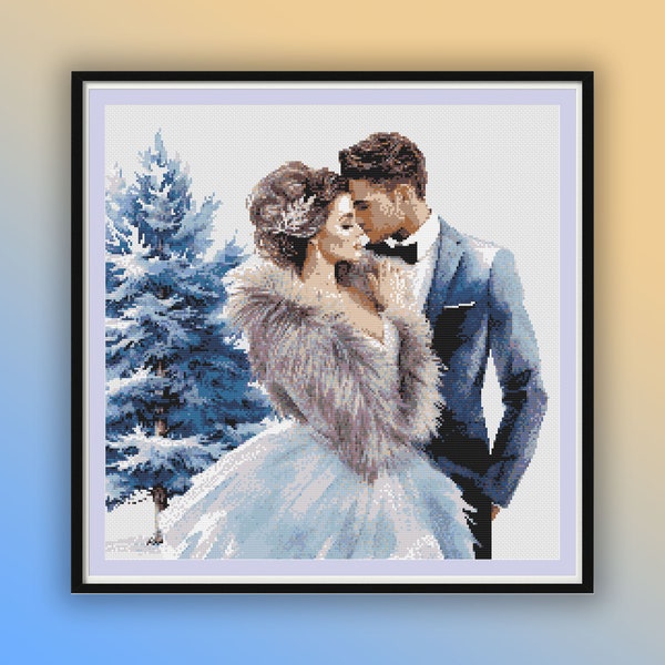 Watercolor Winter Wedding Counted Cross Stitch PDF Pattern, Bride and Groom, Hand Embroidery, Modern Cross Stitch Chart