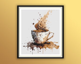 Watercolor Coffee Lover Counted Cross Stitch PDF Pattern, Americano Coffee, Modern Cross Stitch Chart, Hand Embroidery