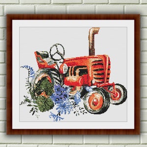 Vintage Farm Life Watercolor Tractor & Herbs Counted Cross Stitch Pattern - Instant PDF Download